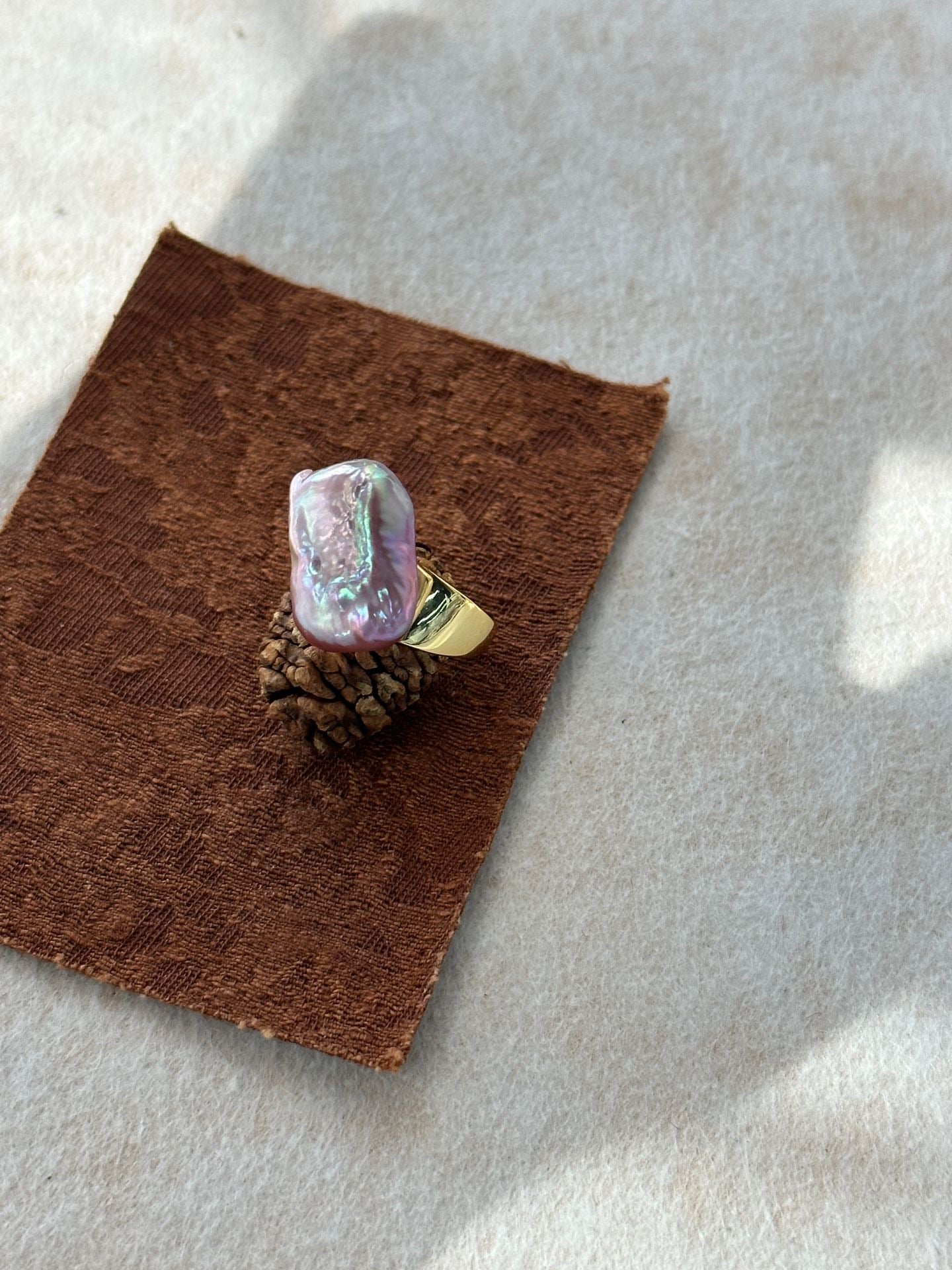 Iridescent Baroque Pearl Ring with 18K Gold-Plated Silver